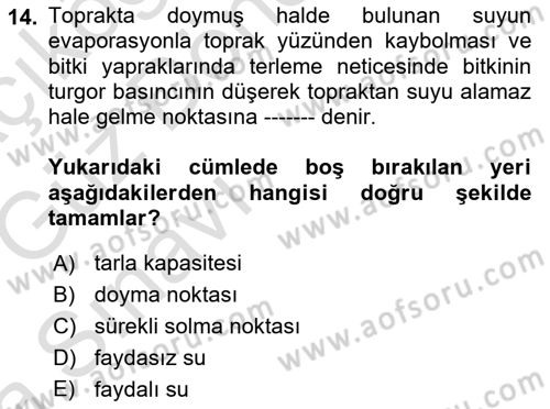 Ekoloji ve Çevre Bilgisi Dersi 2019 - 2020 Yılı (Vize) Ara Sınav Soruları 14. Soru