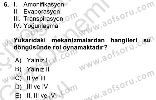 Ekoloji ve Çevre Bilgisi Dersi 2019 - 2020 Yılı (Vize) Ara Sınav Soruları 6. Soru