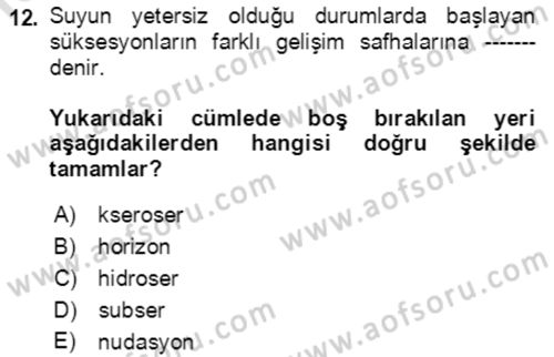 Ekoloji ve Çevre Bilgisi Dersi 2020 - 2021 Yılı Yaz Okulu Sınav Soruları 12. Soru