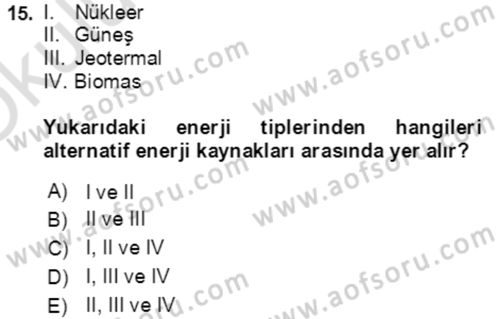 Ekoloji ve Çevre Bilgisi Dersi 2020 - 2021 Yılı Yaz Okulu Sınav Soruları 15. Soru