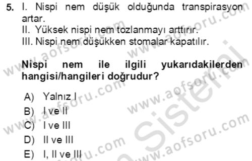 Ekoloji ve Çevre Bilgisi Dersi 2020 - 2021 Yılı Yaz Okulu Sınav Soruları 5. Soru