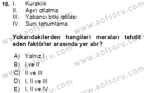 Ekoloji ve Çevre Bilgisi Dersi 2021 - 2022 Yılı (Vize) Ara Sınav Soruları 16. Soru