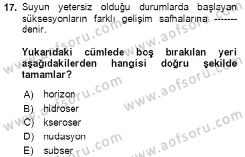 Ekoloji ve Çevre Bilgisi Dersi 2021 - 2022 Yılı (Vize) Ara Sınav Soruları 17. Soru