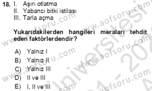 Ekoloji ve Çevre Bilgisi Dersi 2021 - 2022 Yılı (Vize) Ara Sınav Soruları 18. Soru