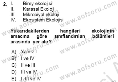 Ekoloji ve Çevre Bilgisi Dersi Ara Sınavı Deneme Sınav Soruları 2. Soru