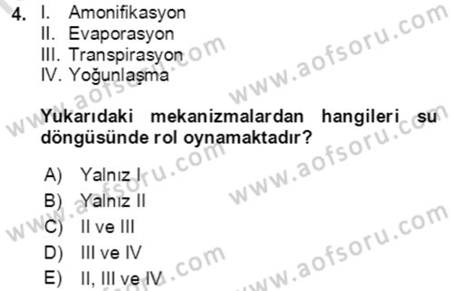 Ekoloji ve Çevre Bilgisi Dersi Ara Sınavı Deneme Sınav Soruları 4. Soru