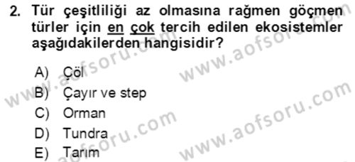 Ekoloji ve Çevre Bilgisi Dersi 2021 - 2022 Yılı Yaz Okulu Sınav Soruları 2. Soru
