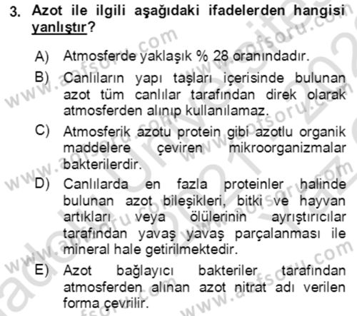 Ekoloji ve Çevre Bilgisi Dersi 2021 - 2022 Yılı Yaz Okulu Sınav Soruları 3. Soru