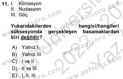 Ekoloji ve Çevre Bilgisi Dersi 2022 - 2023 Yılı Yaz Okulu Sınav Soruları 11. Soru