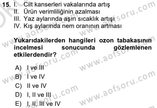 Ekoloji ve Çevre Bilgisi Dersi 2022 - 2023 Yılı Yaz Okulu Sınav Soruları 15. Soru