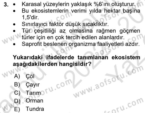 Ekoloji ve Çevre Bilgisi Dersi 2022 - 2023 Yılı Yaz Okulu Sınav Soruları 3. Soru