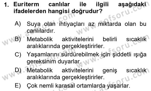 Ekoloji ve Çevre Bilgisi Dersi 2023 - 2024 Yılı (Vize) Ara Sınav Soruları 1. Soru