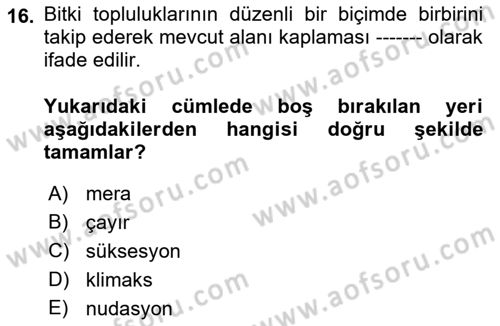 Ekoloji ve Çevre Bilgisi Dersi 2023 - 2024 Yılı (Vize) Ara Sınav Soruları 16. Soru