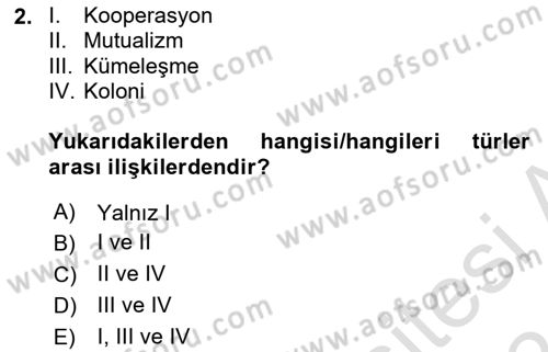 Ekoloji ve Çevre Bilgisi Dersi 2023 - 2024 Yılı (Vize) Ara Sınav Soruları 2. Soru