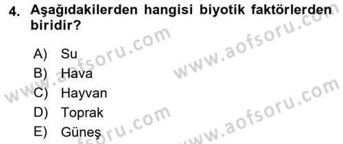 Ekoloji ve Çevre Bilgisi Dersi 2023 - 2024 Yılı (Vize) Ara Sınav Soruları 4. Soru