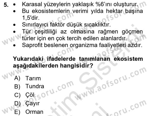 Ekoloji ve Çevre Bilgisi Dersi 2023 - 2024 Yılı (Vize) Ara Sınav Soruları 5. Soru