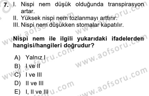 Ekoloji ve Çevre Bilgisi Dersi 2023 - 2024 Yılı (Vize) Ara Sınav Soruları 7. Soru