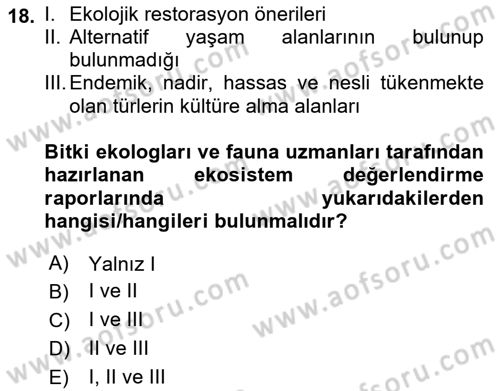 Ekoloji ve Çevre Bilgisi Dersi 2023 - 2024 Yılı (Final) Dönem Sonu Sınav Soruları 18. Soru