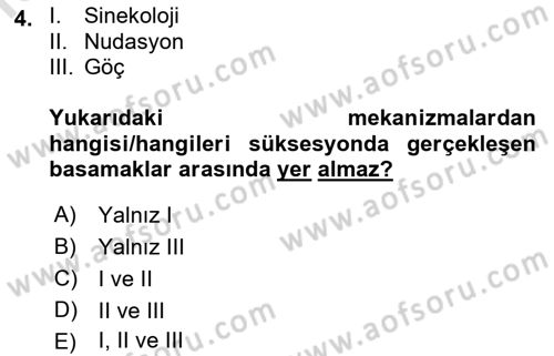 Ekoloji ve Çevre Bilgisi Dersi 2023 - 2024 Yılı (Final) Dönem Sonu Sınav Soruları 4. Soru