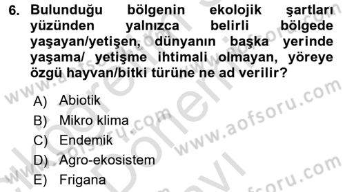 Ekoloji ve Çevre Bilgisi Dersi 2023 - 2024 Yılı (Final) Dönem Sonu Sınav Soruları 6. Soru