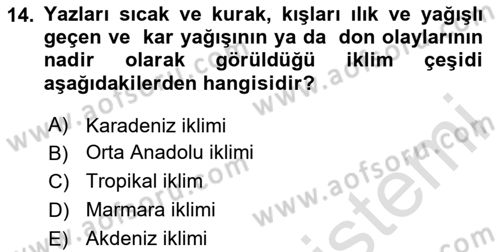Ekoloji ve Çevre Bilgisi Dersi 2023 - 2024 Yılı Yaz Okulu Sınav Soruları 14. Soru