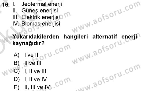 Ekoloji ve Çevre Bilgisi Dersi 2023 - 2024 Yılı Yaz Okulu Sınav Soruları 16. Soru
