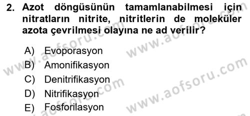Ekoloji ve Çevre Bilgisi Dersi 2023 - 2024 Yılı Yaz Okulu Sınav Soruları 2. Soru
