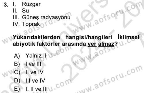 Ekoloji ve Çevre Bilgisi Dersi Ara Sınavı Deneme Sınav Soruları 3. Soru