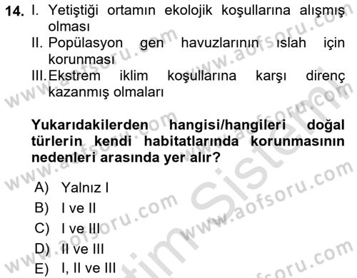 Ekoloji ve Çevre Bilgisi Dersi 2024 - 2025 Yılı Yaz Okulu Sınav Soruları 14. Soru