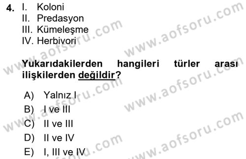 Ekoloji ve Çevre Bilgisi Dersi 2025 - 2026 Yılı (Vize) Ara Sınav Soruları 4. Soru