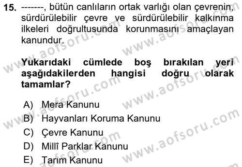 Ekoloji ve Çevre Bilgisi Dersi 2025 - 2026 Yılı (Final) Dönem Sonu Sınav Soruları 15. Soru