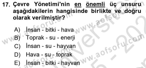 Ekoloji ve Çevre Bilgisi Dersi 2025 - 2026 Yılı (Final) Dönem Sonu Sınav Soruları 17. Soru