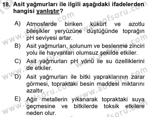 Ekoloji ve Çevre Bilgisi Dersi 2025 - 2026 Yılı (Final) Dönem Sonu Sınav Soruları 18. Soru