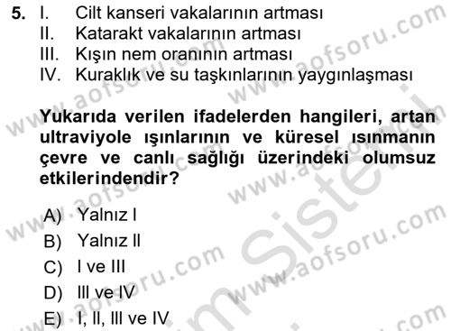 Ekoloji ve Çevre Bilgisi Dersi 2025 - 2026 Yılı (Final) Dönem Sonu Sınav Soruları 5. Soru