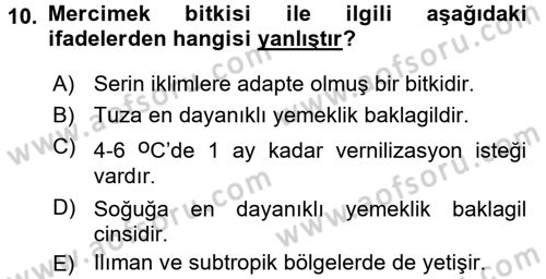 Tarla Bitkileri 1 Dersi 2015 - 2016 Yılı Tek Ders Sınav Soruları 10. Soru