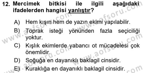 Tarla Bitkileri 1 Dersi 2016 - 2017 Yılı 3 Ders Sınav Soruları 12. Soru