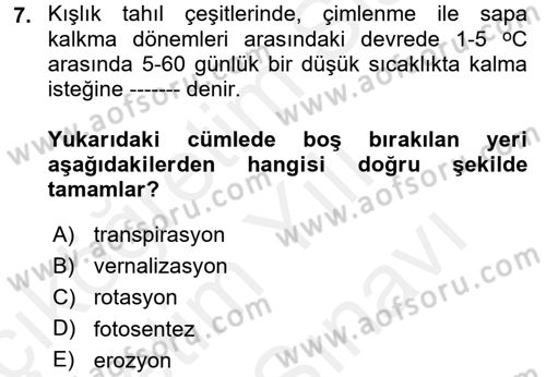Tarla Bitkileri 1 Dersi 2017 - 2018 Yılı (Vize) Ara Sınav Soruları 7. Soru
