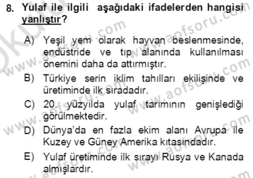 Tarla Bitkileri 1 Dersi 2020 - 2021 Yılı Yaz Okulu Sınav Soruları 8. Soru