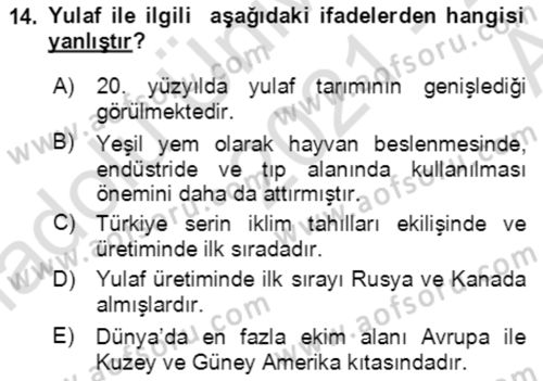 Tarla Bitkileri 1 Dersi 2021 - 2022 Yılı (Vize) Ara Sınav Soruları 14. Soru