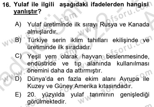 Tarla Bitkileri 1 Dersi 2022 - 2023 Yılı (Vize) Ara Sınavı 16. Soru