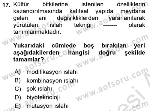Tarla Bitkileri 1 Dersi 2022 - 2023 Yılı (Final) Dönem Sonu Sınav Soruları 17. Soru