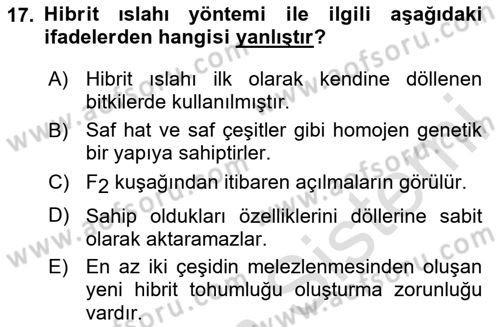 Tarla Bitkileri 1 Dersi 2023 - 2024 Yılı Yaz Okulu Sınav Soruları 17. Soru