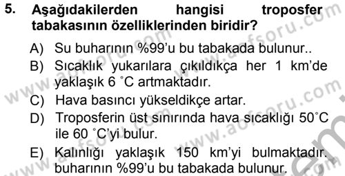 Tarımsal Meteoroloji Dersi 2012 - 2013 Yılı (Vize) Ara Sınav Soruları 5. Soru