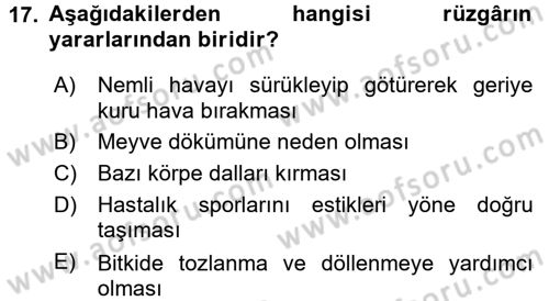 Tarımsal Meteoroloji Dersi 2015 - 2016 Yılı (Final) Dönem Sonu Sınav Soruları 17. Soru