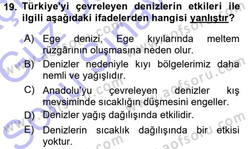 Tarımsal Meteoroloji Dersi 2015 - 2016 Yılı (Final) Dönem Sonu Sınav Soruları 19. Soru