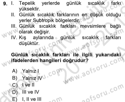 Tarımsal Meteoroloji Dersi 2017 - 2018 Yılı (Vize) Ara Sınav Soruları 9. Soru
