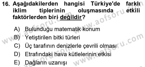 Tarımsal Meteoroloji Dersi 2017 - 2018 Yılı (Final) Dönem Sonu Sınav Soruları 16. Soru
