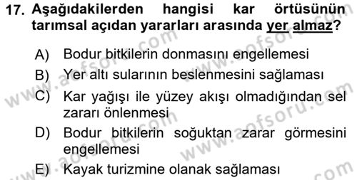 Tarımsal Meteoroloji Dersi 2017 - 2018 Yılı (Final) Dönem Sonu Sınav Soruları 17. Soru