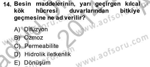 Toprak Bilgisi ve Bitki Besleme Dersi 2014 - 2015 Yılı (Vize) Ara Sınavı 14. Soru