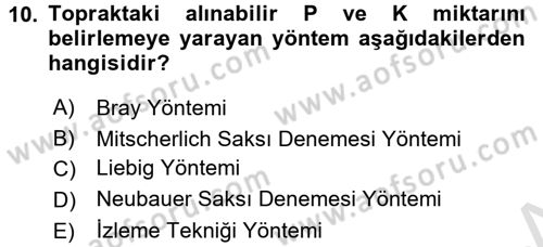 Toprak Bilgisi ve Bitki Besleme Dersi 2015 - 2016 Yılı (Final) Dönem Sonu Sınav Soruları 10. Soru